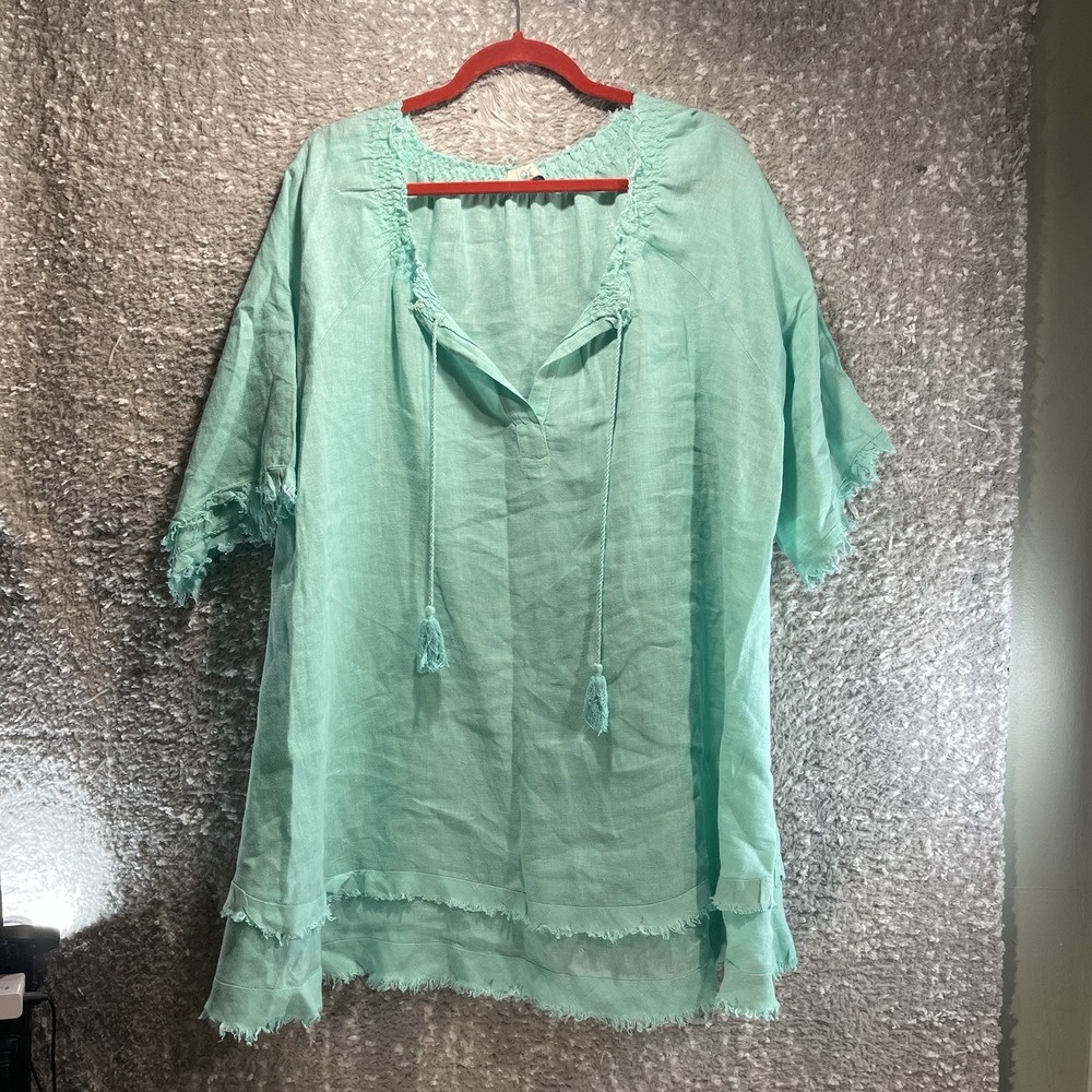Jot Linen A-line Dress One Size Casual Boho Lagenlook Coastal Green Blue Fringe